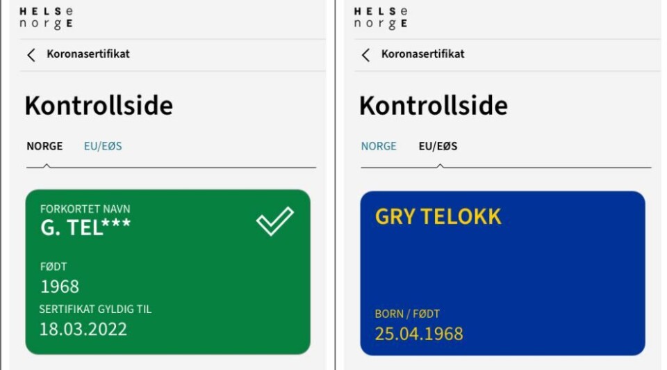 Koronasertifikatet er utvidet til å gjelde EU/EØS Foto: Skjermdump fhi.no