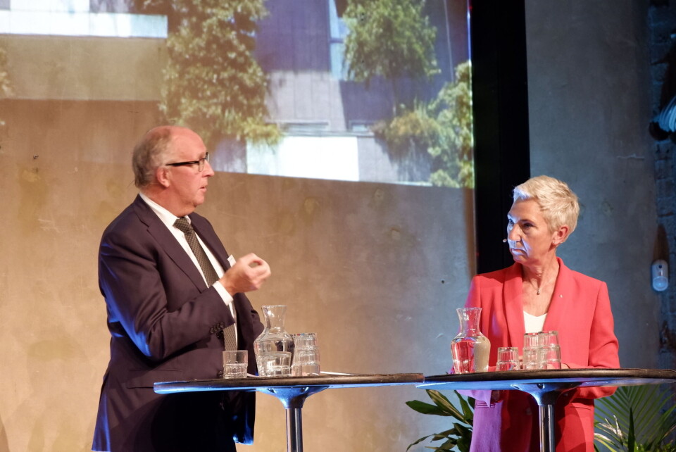 President i NHO Arvid Moss og nestleder i LO, Peggy Hessen Følsvik under Næringslivets klimakonferanse 2019. Foto: Arve Sigmundstad