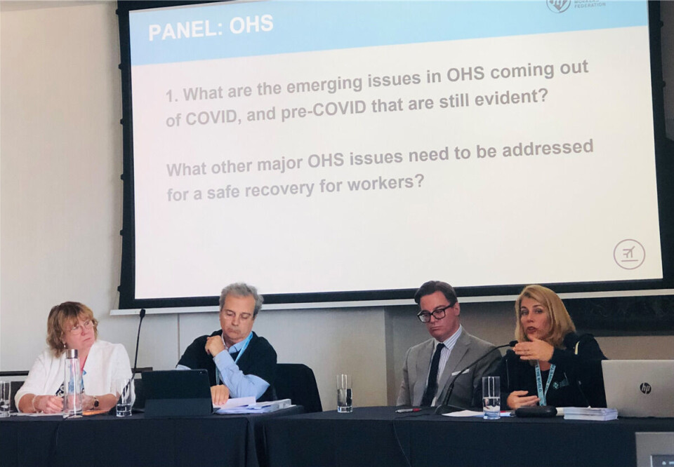 I panelet: Nestleder i Parat, Anneli Nyberg, Gabriel Mocho Rodriguez - sektoransvarlig for sivilflyseksjonen i ITF, Martin Maurino fra ICAO - technical officer for global aviation safety, Sara Nelson- president AFA Assosiation of Flight Attendants i USA.