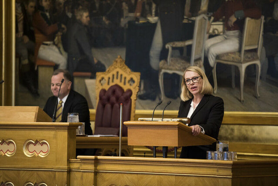 Leder av Utenriks- og forsvarskomiteen på Stortinget, Anniken Huitfeldt (Ap) på Stortingets talerstol. Foto: Stortinget