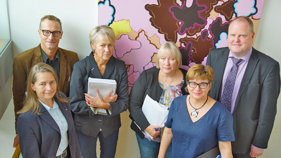 Forhandlingslederne, f.v: Wenche Sarton Eide (Norsk psykologiforening) Akademikerne, Lars Wiggen (Lederne), Hilde Løkholm (Fagforbundet) LO, Christine Uglestad Svendsen (Delta) YS, Kari Tangel (Norsk Sykepleierforbund) Unio og Bård Westbye. Foto: Virke