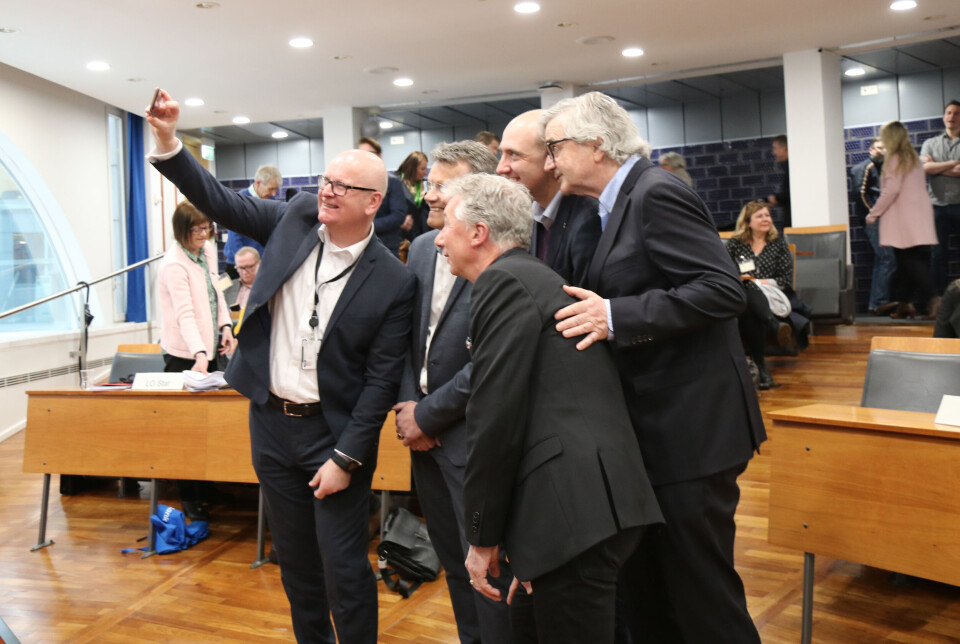 F.v.: Statens personaldirektør Gisle Norheim, Egil Andrè Aas, leder LO Stat, Pål N. Arnesen, leder YS Stat, Anders Kvam, leder Akademikerne Stat og Petter Aaslestad, leder Unio stat,