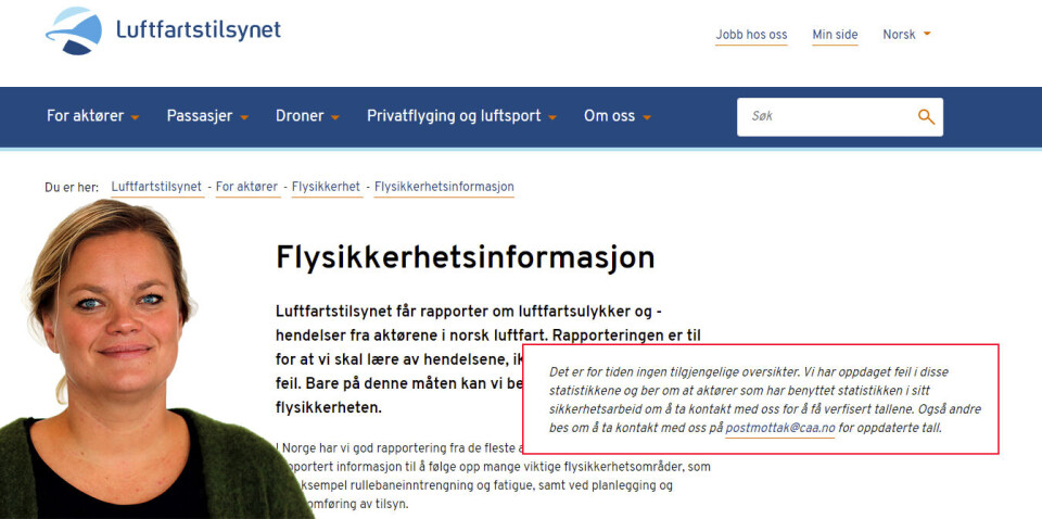 Fungerende kommunikasjonsdirektør i Luftfartstilsynet, Hanne Risa, bekrefter at Luftfartstilsynet har publisert feil tall om ulykker. Foto/nettside: Luftfartstilsynet.