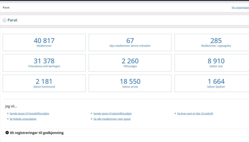 Dashboardet gir deg oversikt over medlemsmassen. skjermbilde av dashboard-funksjonen i tillitvalgtverktøyet.