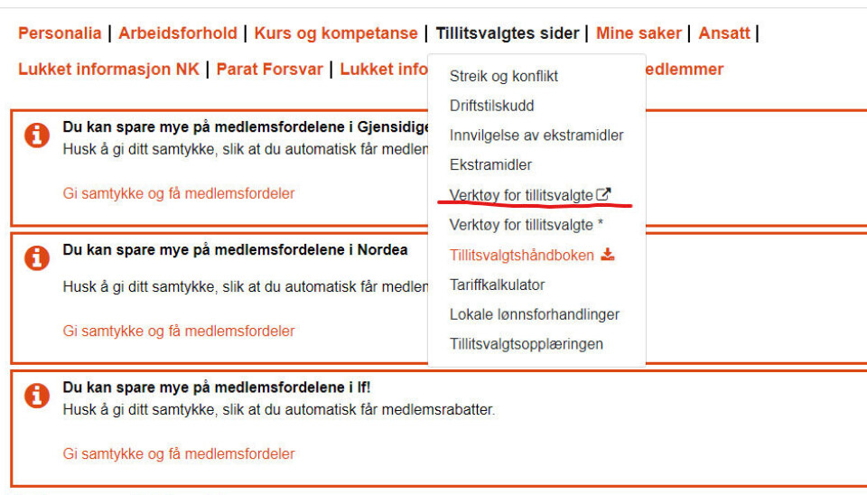 Du finner verktøyet under fanen 'Tillitsvalgtes sider'.