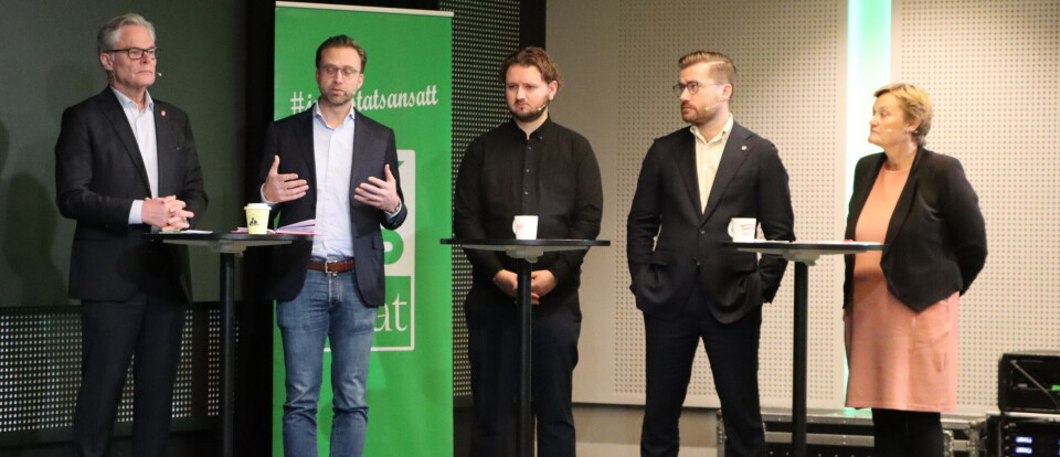 Fra venstre: Hans Andreas Limi (Fremskrittspartiet), Nikolai Astrup (Høyre), Freddy Øvstegård (SV) og Sveinung Rotevatn (Venstre), Rigmor Aasrud (Arbeiderpartiet).